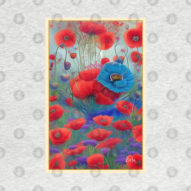 Pretty field of poppies colorful red and blue poppy flowers by ZiolaRosa